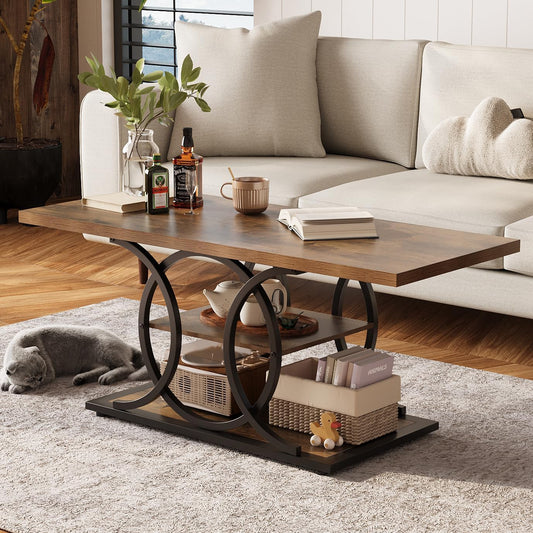 GiftGo Rustic Coffee Table with Storage Industrial 3 Tier Center Living Room Table Farmhouse Wooden