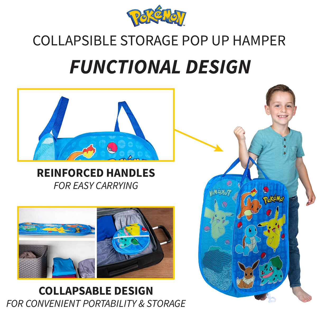 POKEMON Kids Room Collapsible Storage Bin Pop Up Hamper, One Size, (Officially Licensed Product) by