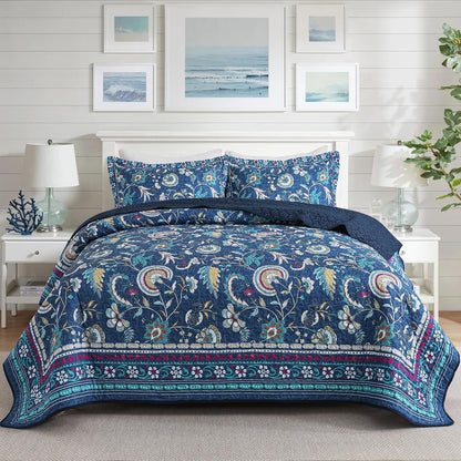 NEWLAKE Quilt Set King Size, Bedspread Sets Blue Botanical Floral Patterns, Reversible Quilt