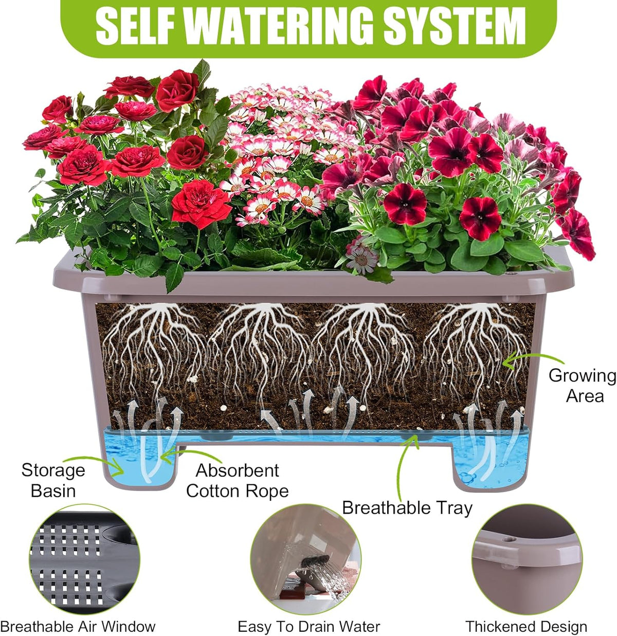Self-Watering Rectangle Planter Boxes 8-Pack, 15.7-Inch Window Box Planter with Drainage Holes &