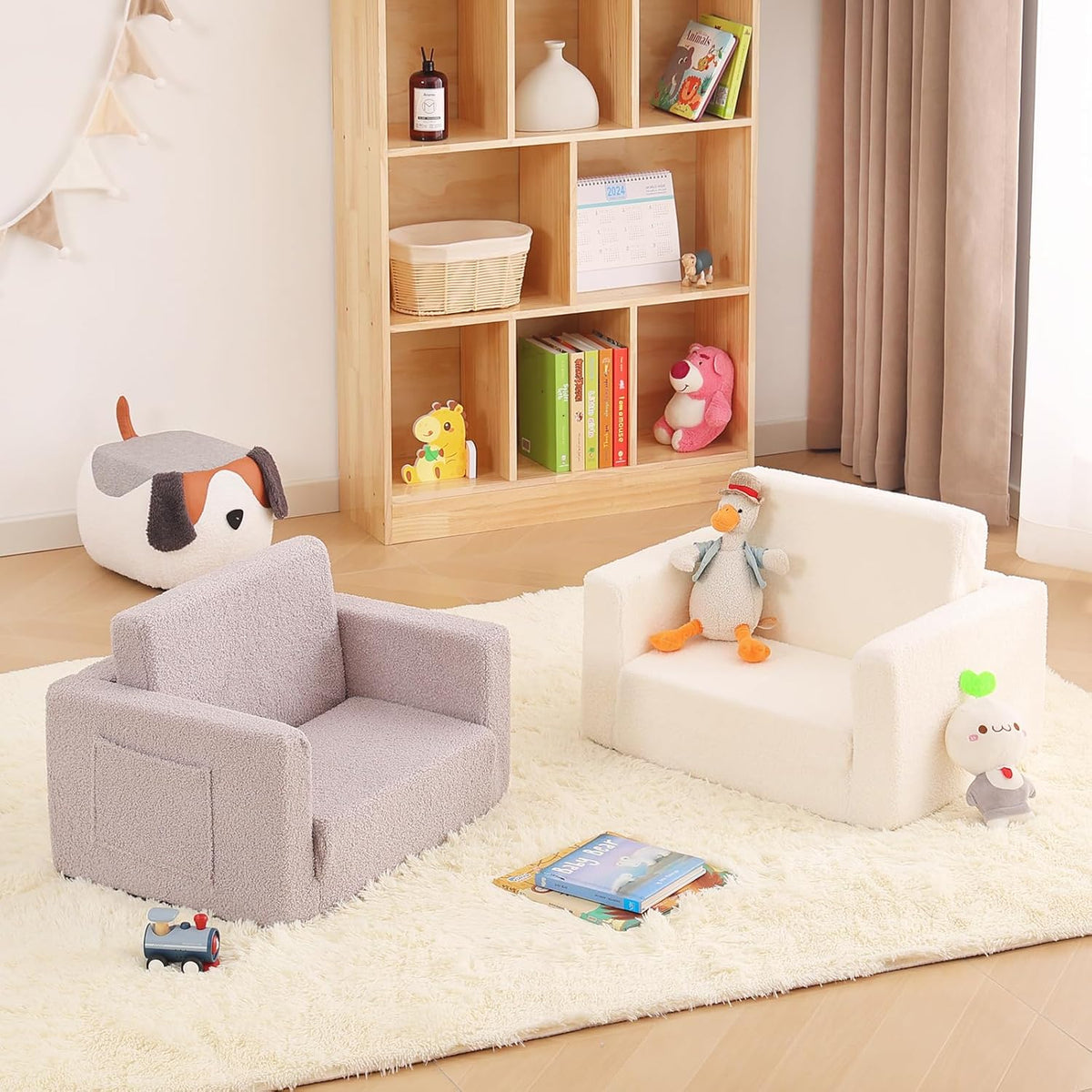 Toddler Chair Sherpa Kids Couch, 2-in-1 Soft Kids Sofa Lounger for Bedroom, Convertible Couch for