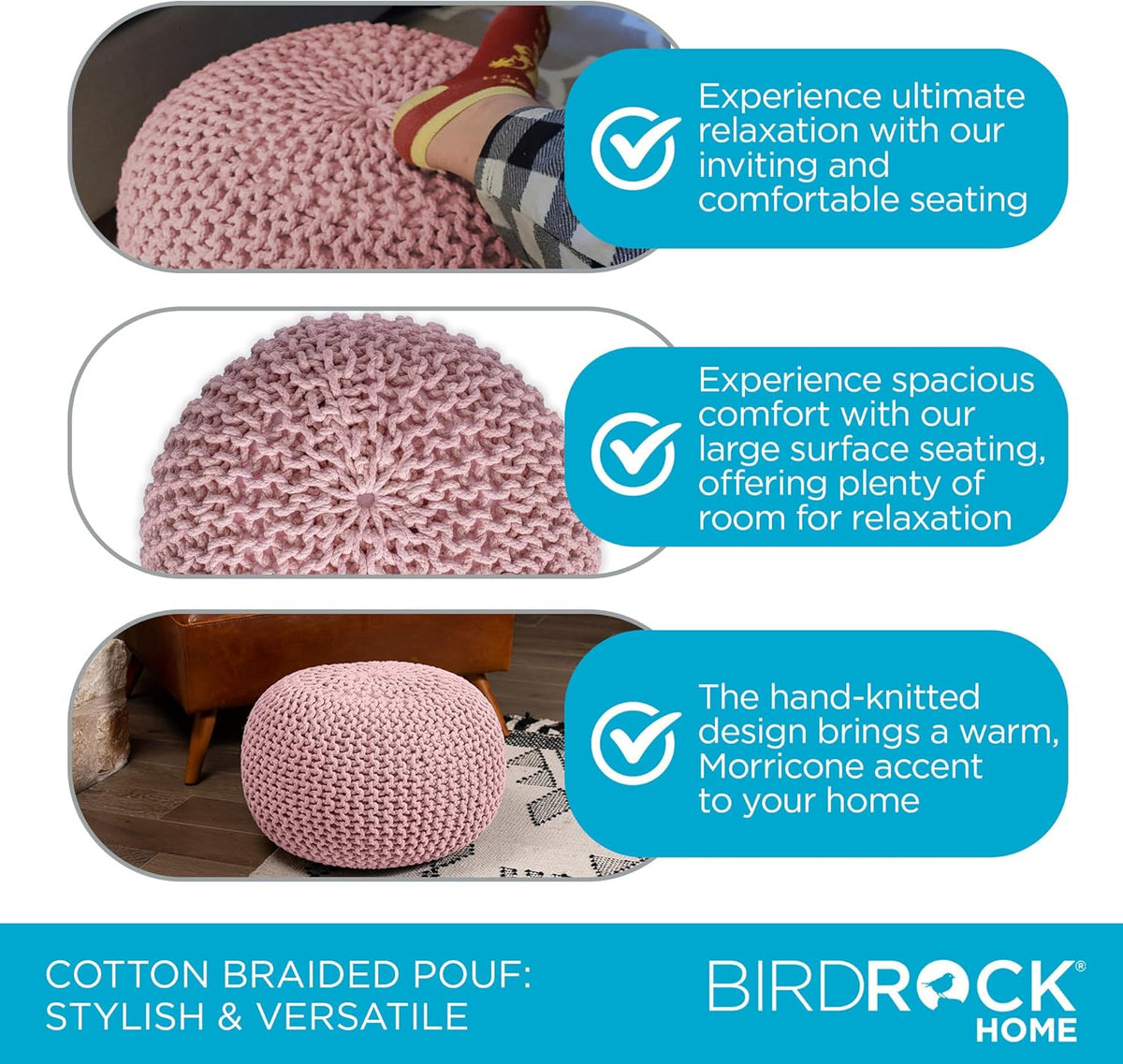 BIRDROCK HOME Round Pouf Ottoman | Cotton Braided Foot Stool with Bean Bag Filling | Boho Foot Rest