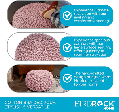 BIRDROCK HOME Round Pouf Ottoman | Cotton Braided Foot Stool with Bean Bag Filling | Boho Foot Rest