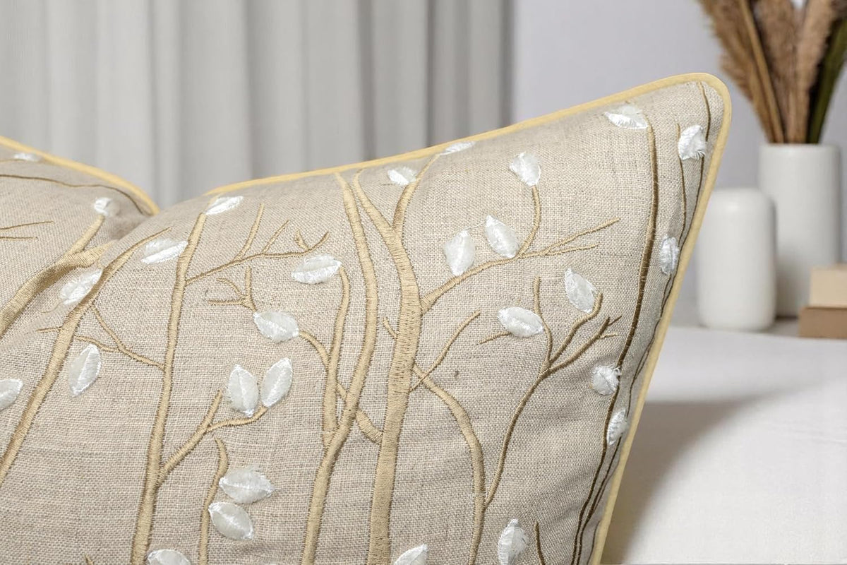 VAGMINE Embroidered Forest Throw Pillow Cover - 20x20 Inches Square - 100% Linen Natural Decorative