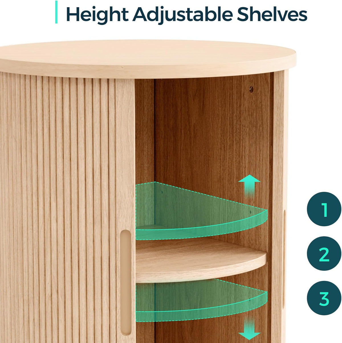 LINSY HOME Round Fluted End Table, Tall Side Table with Sliding Tambour Door and Storage Shelf