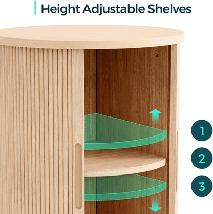LINSY HOME Round Fluted End Table, Tall Side Table with Sliding Tambour Door and Storage Shelf