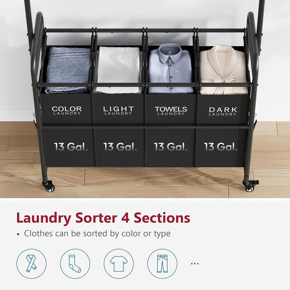 Tajsoon Laundry Sorter Cart with Hanging Clothes Rack, 4 Butler Sorter Basket Organizer, Laundry