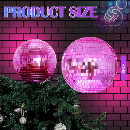 Retisee 8'' Pink Disco Ball Christmas Tree Topper Disco Mirror Ball Xmas Tree Topper 3D Hollow Pink