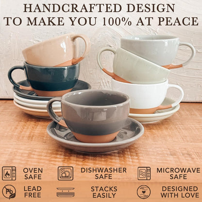 Mora Ceramic Latte Art Mug With Saucer - 10.5 oz, Round Bottom For Perfect Pours - Cafe Cups for