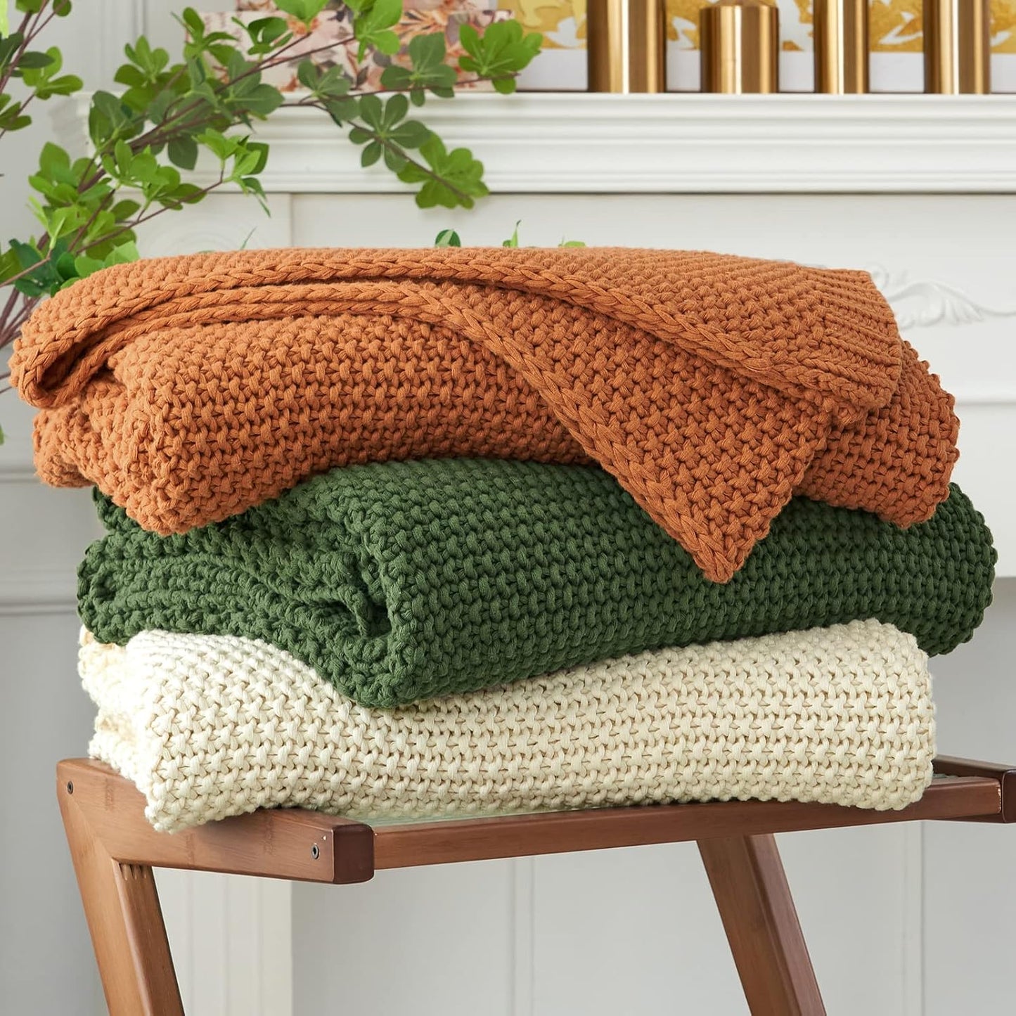 Longhui bedding Chunky Cable Knit Throw Blanket Lightweight Olive Green 100% Organic Cotton Blanket