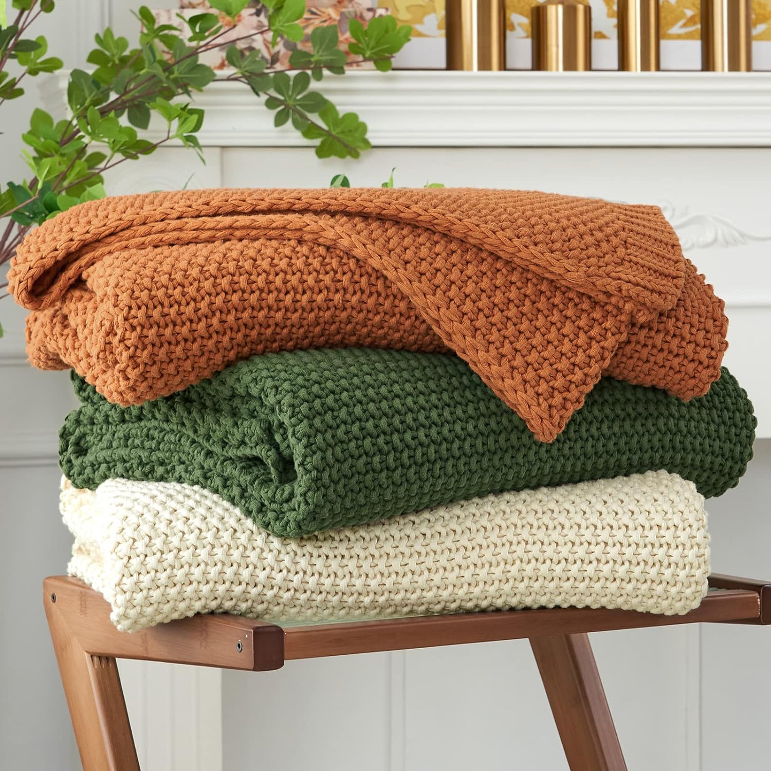 Chunky Cable Knit Throw Blanket Lightweight Burnt Orange 100% Organic Cotton Blanket for Sofa Couch