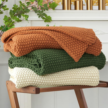 Chunky Cable Knit Throw Blanket Lightweight Burnt Orange 100% Organic Cotton Blanket for Sofa Couch
