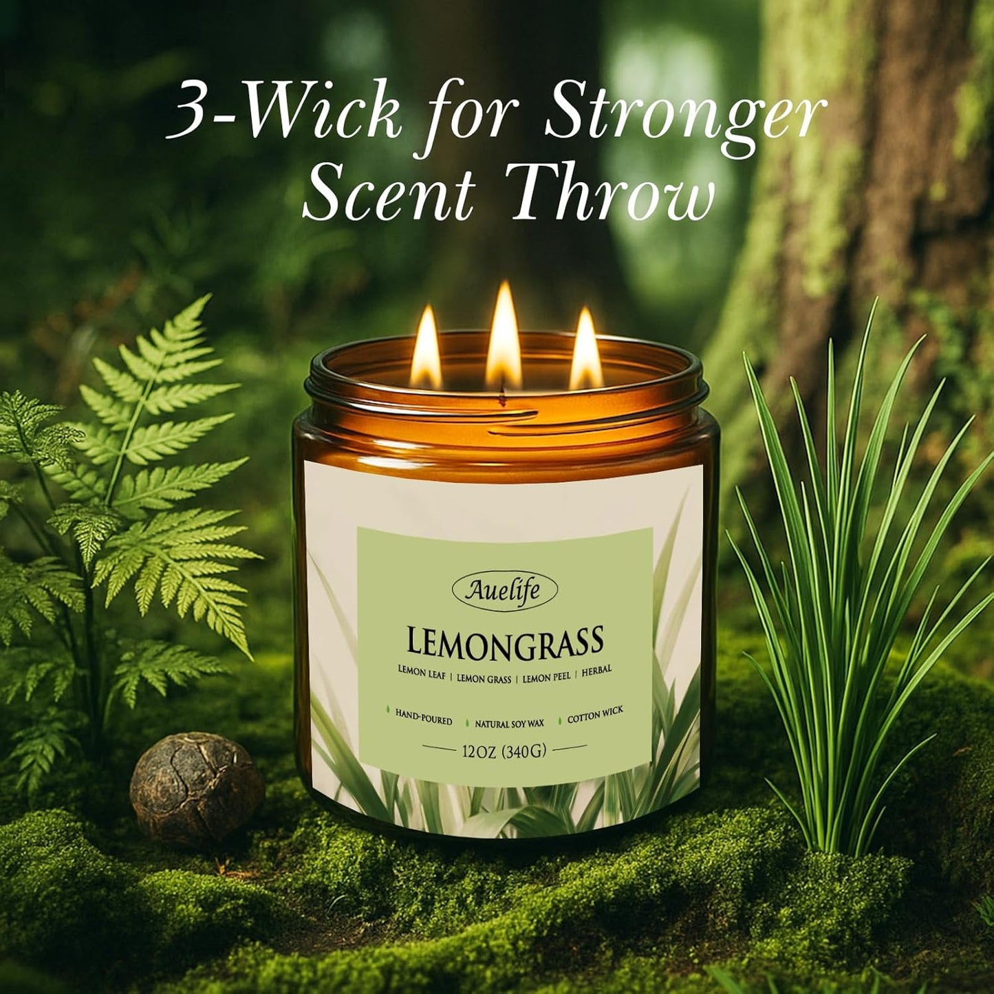 Auelife Lemongrass Scented Candle | 3-Wick Jar Candle - 12oz Natural Soy Wax - Citronella Scent for
