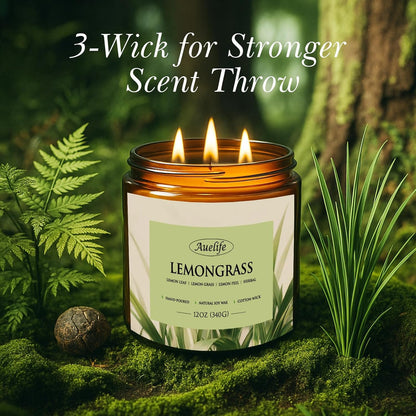 Auelife Lemongrass Scented Candle | 3-Wick Jar Candle - 12oz Natural Soy Wax - Citronella Scent for