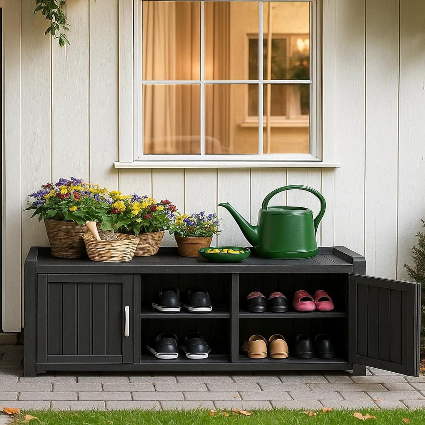 ROJIK Shoe Cabinet Waterproof UV-Resistant,Storage Bench Indoor Outdoor with Adjustable Shelves,for