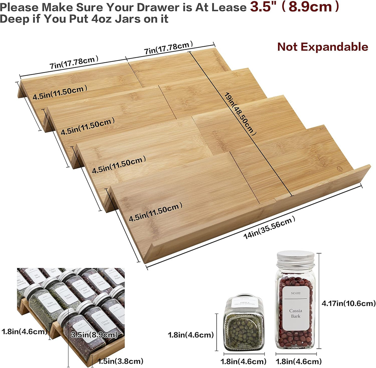 Bamboo Spice Rack Drawer Organizer - 8 Pieces Set- 7" Wide Per Piece - Combine Pieces Into 14" Wide
