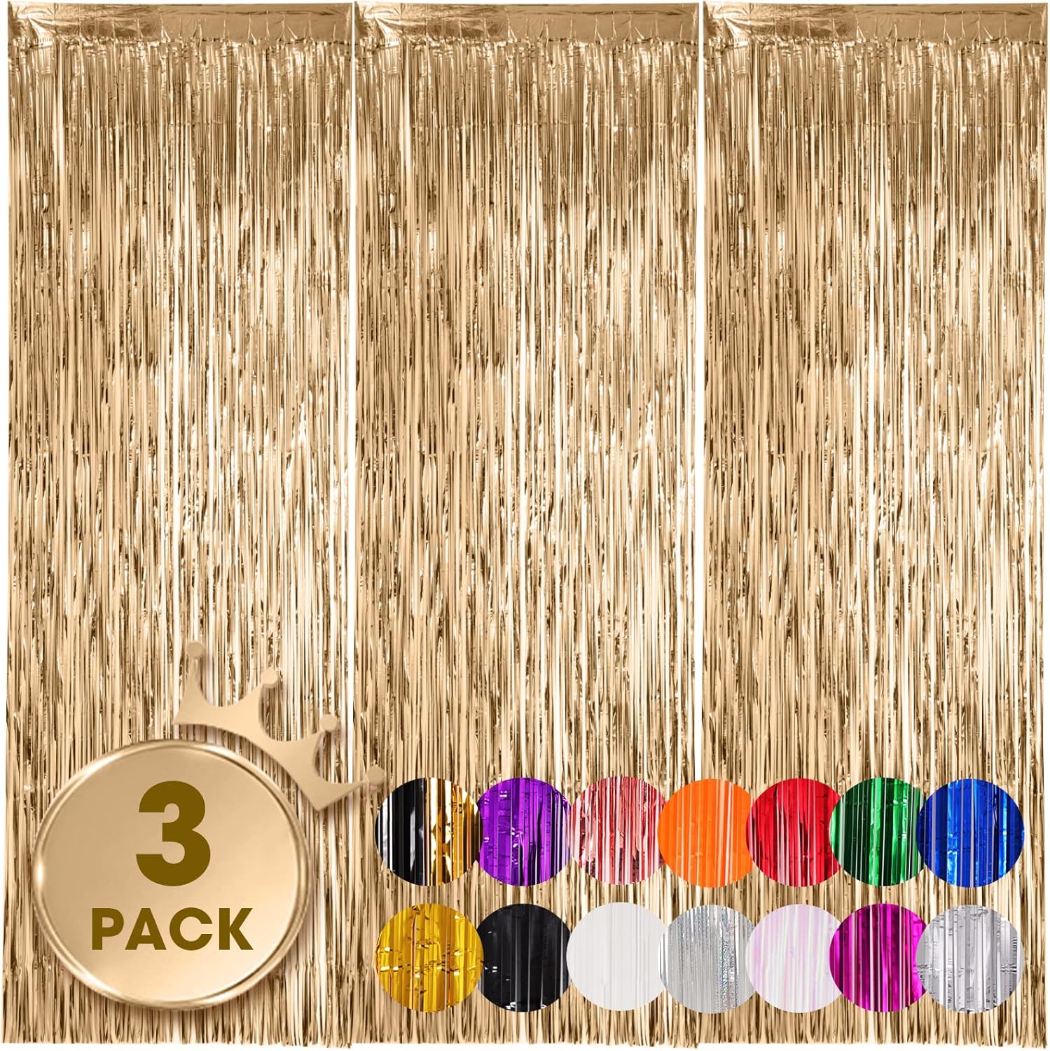 3 Pack 3.3x8.2 Feet Champagne Foil Fringe Backdrop Curtains, Tinsel Streamers Birthday Party