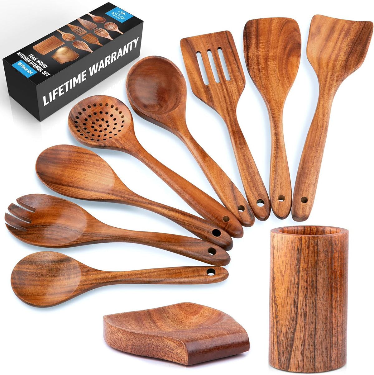 Zulay Kitchen 10-Piece Wooden Spoons for Cooking - Smooth Finish Teak Wooden Utensils for Cooking