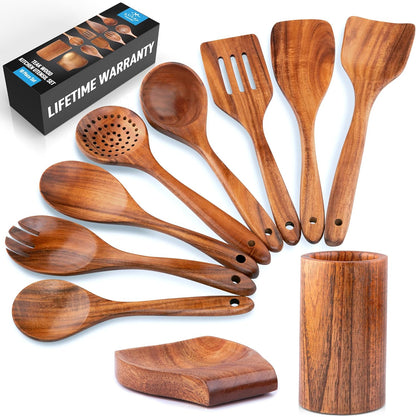 Zulay Kitchen 10-Piece Wooden Spoons for Cooking - Smooth Finish Teak Wooden Utensils for Cooking