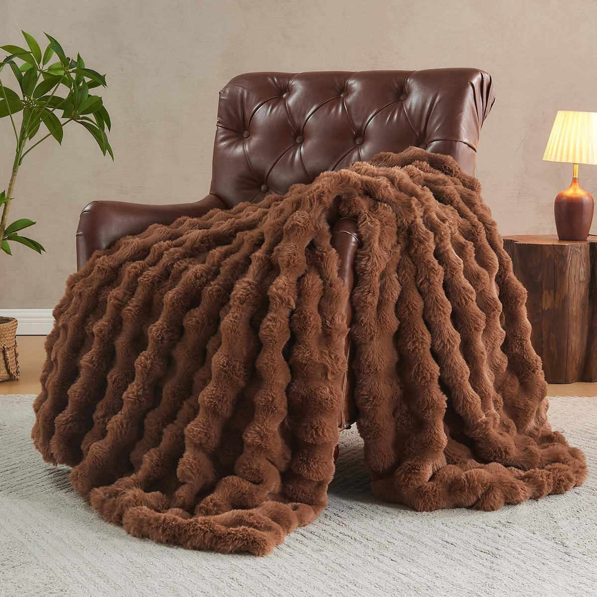 Lotus Karen Faux Fur Throw Blanket Dark Coffee - Big Bubble Rabbit Fluff Blanket for Couch Bed