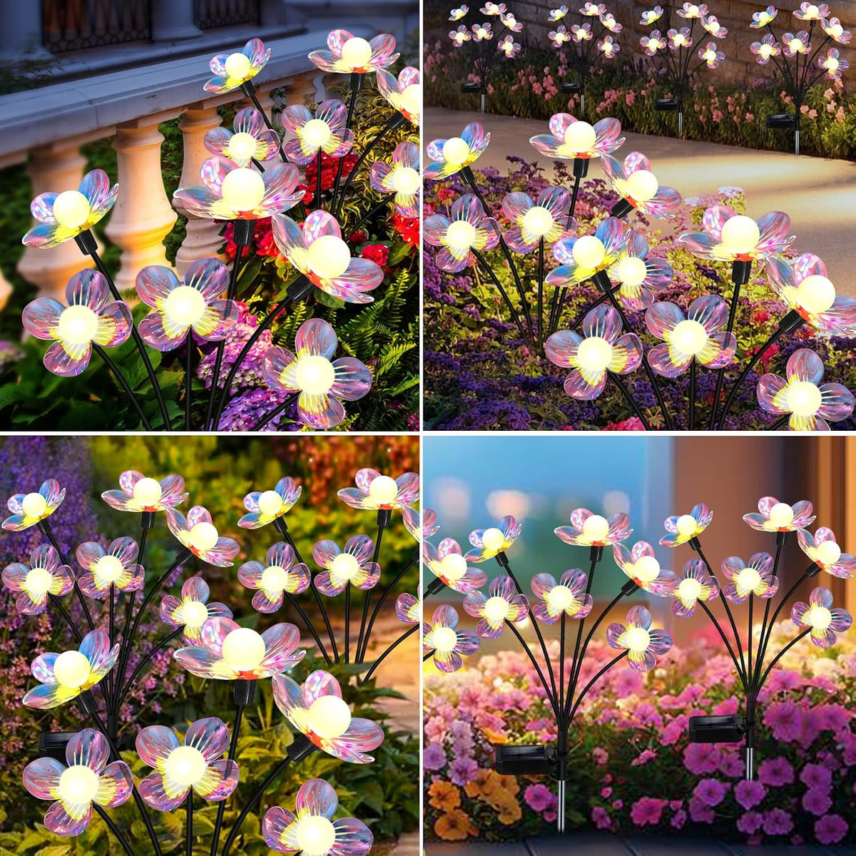 Solar Garden Lights Outdoor, New Upgraded 4-Pack Firefly Solar Lights with Iridescent Petals & Warm