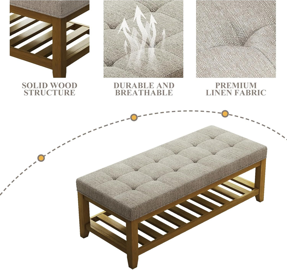 Large Rectangular Upholstered Ottoman Bench, Linen Tufted Footrest Ottoman with Solid Wood Shelf
