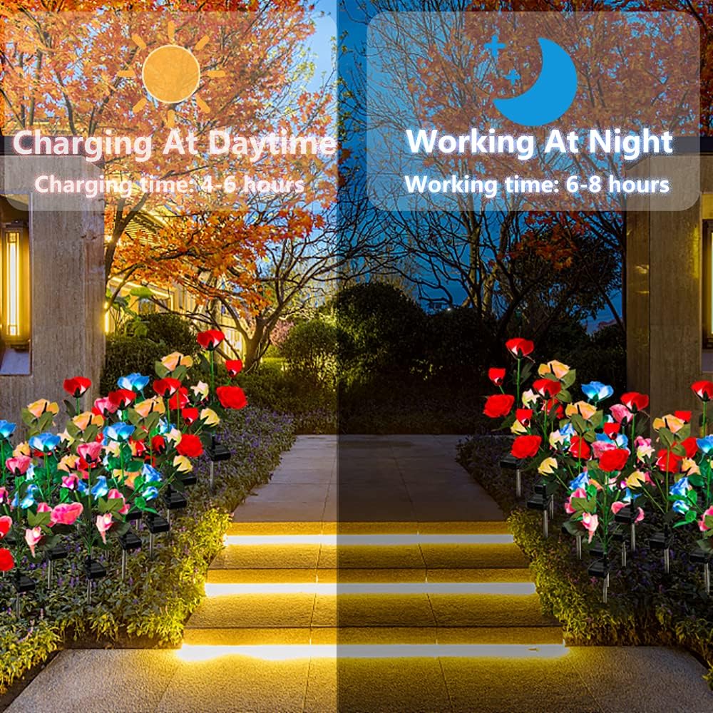Solar Garden Decor Outdoor Lights, 4 Pack Waterproof Garden Lights for Outside, 16 Solar Rose