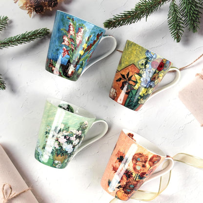 Coffee Mug Sets of 4, 12oz Bone China Porcelain Cups with Art Print Large Handle Dishwasher
