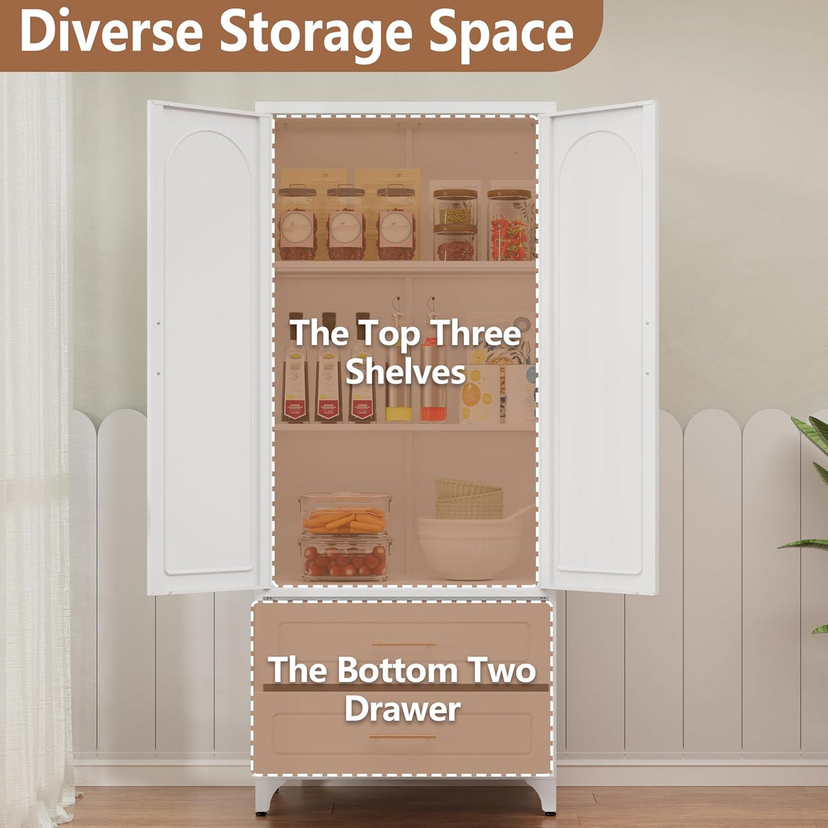 Kitchen Pantry Cabinet, 75" Tall Metal Pantry Cabinet with Two Drawers, Food Cupboards with Doors