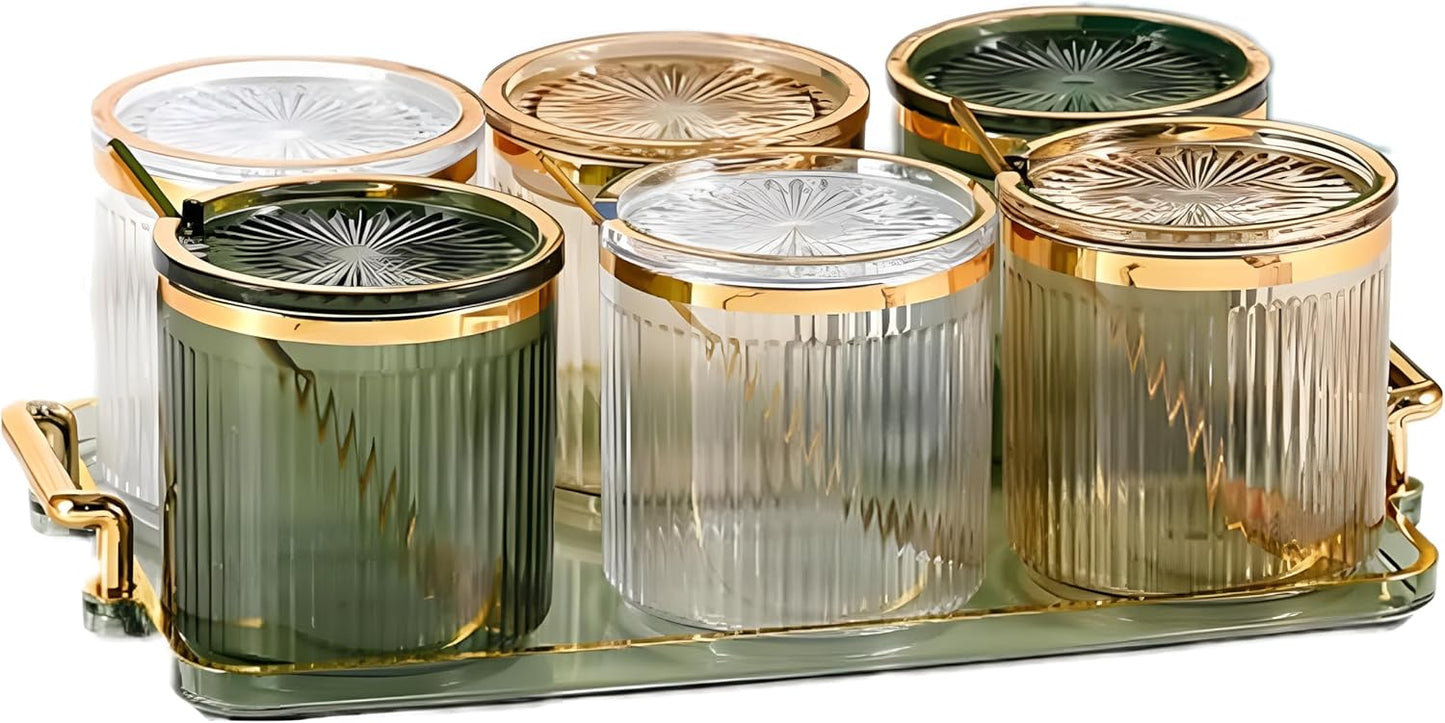 Acrylic Condiment Spice Jars,Condiment Spice Box With Lids and Spoons and Tray,Clear Plastic