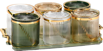 Acrylic Condiment Spice Jars,Condiment Spice Box With Lids and Spoons and Tray,Clear Plastic