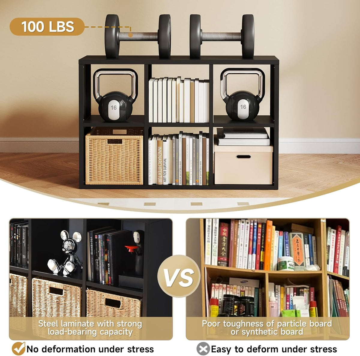 6 Cube Storage Organizer, Black Bookshelf with Storage, 2 Tier Storage Cubes, Freestanding Storage