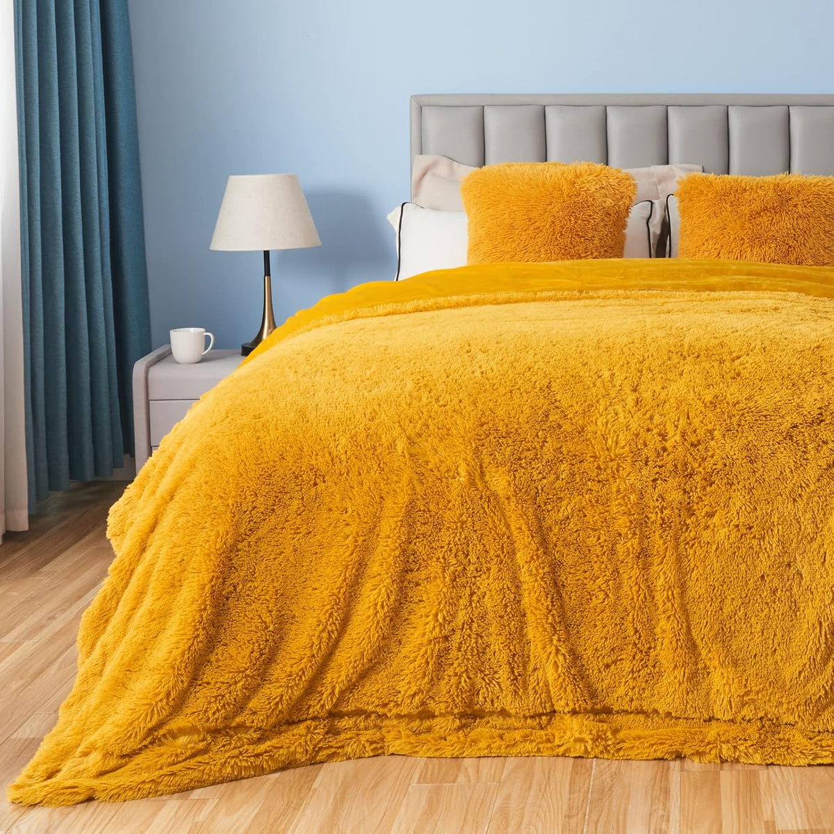 GONAAP Fuzzy Faux Fur Throw Blanket Queen Size Mustard Yellow Super Soft Cozy Plush Fuzzy Shaggy