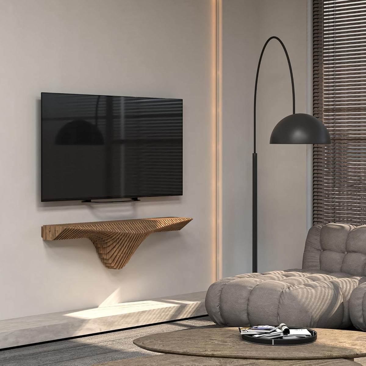 Parametric 50 inch Floating Shelf TV Unit Modern Geometric Wooden Wall Piece Decor Natural Oak