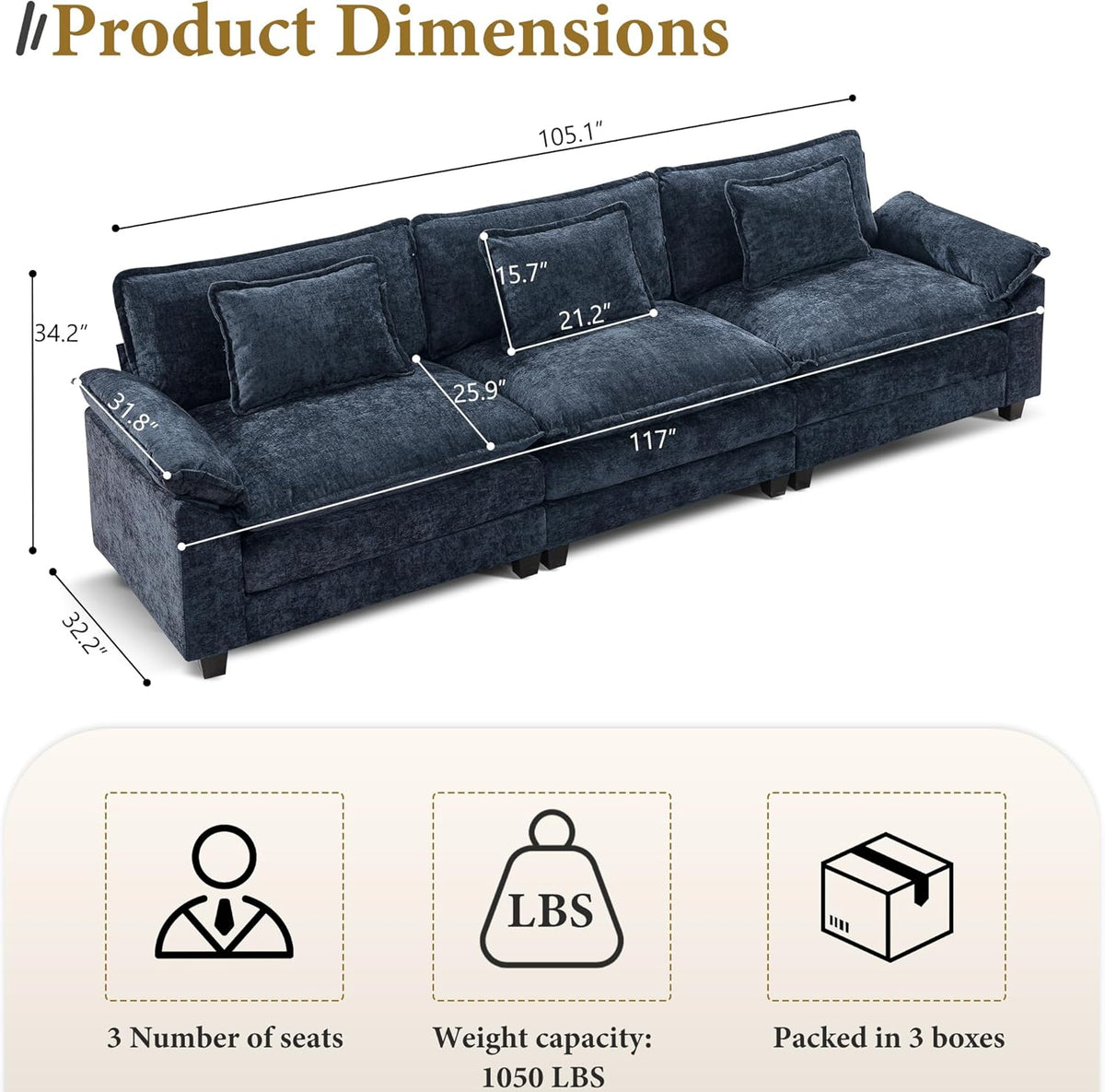 URRED Modular Sectional Sofa Comfy Cloud Couch, Modern Chenille Sofa Sleeper Deep Seat Couches with