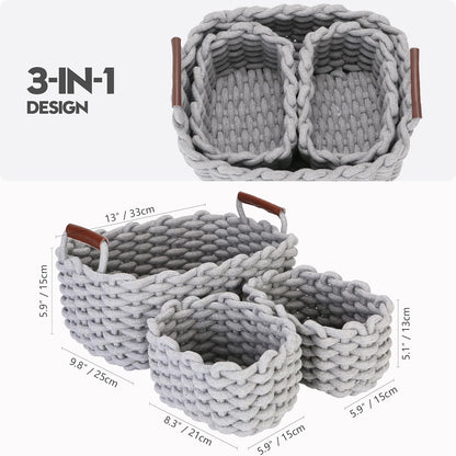 Sea Team 3-Pack Rectangle Woven Cotton Rope Storage Baskets with Handles, Shelf Basket, Closet