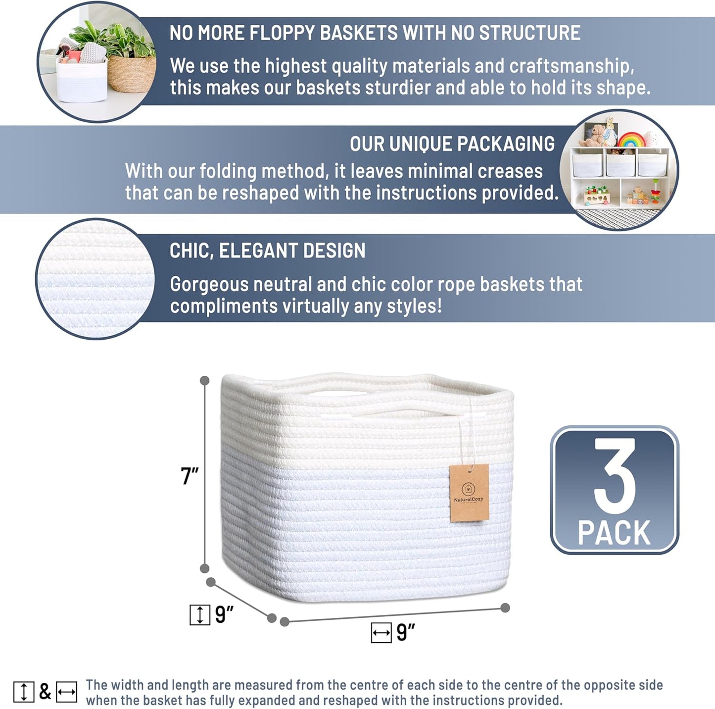 NaturalCozy Storage Cubes 9”x9”x7”Cotton Rope Woven Baskets for Organizing 3-Pack | 9 Inch Cube
