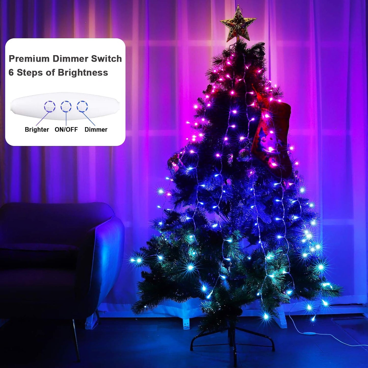Pink Purple & Blue Ombre LED Curtain Lights with Remote, Rainbow Waterfall String Lights Ombre