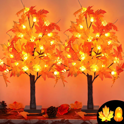 2 Pack 24 Inch Prelit Fall Maple Tree Fall Decor with 48 LEDs Timer Battery Operated Artificial