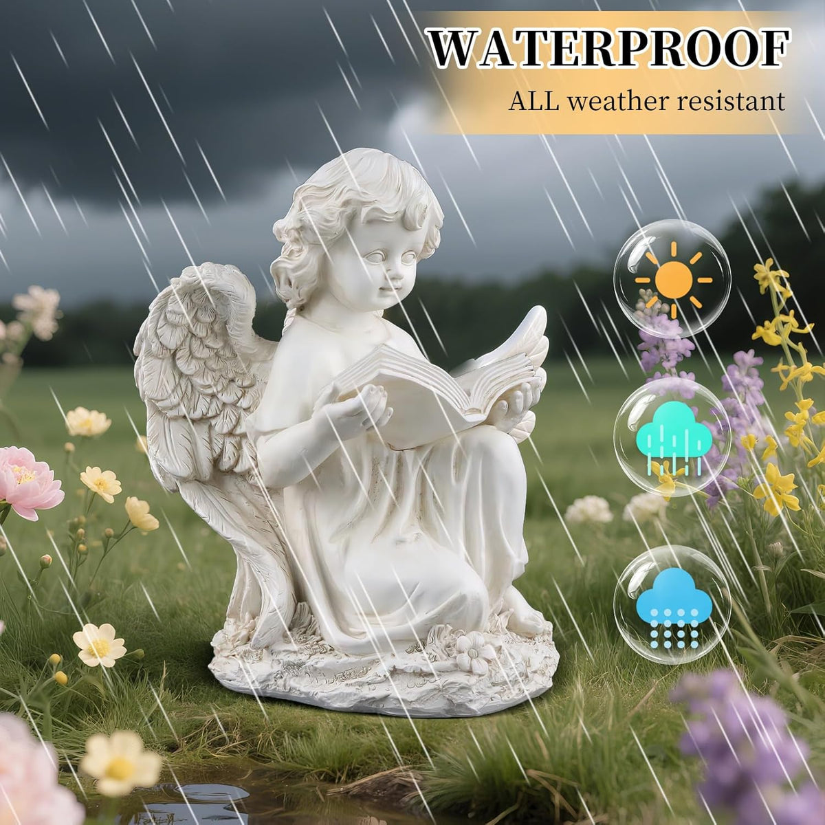 Garden Angel Statues for Outside, Solar Angel for Garden with Bible & Cemetery Decorations for