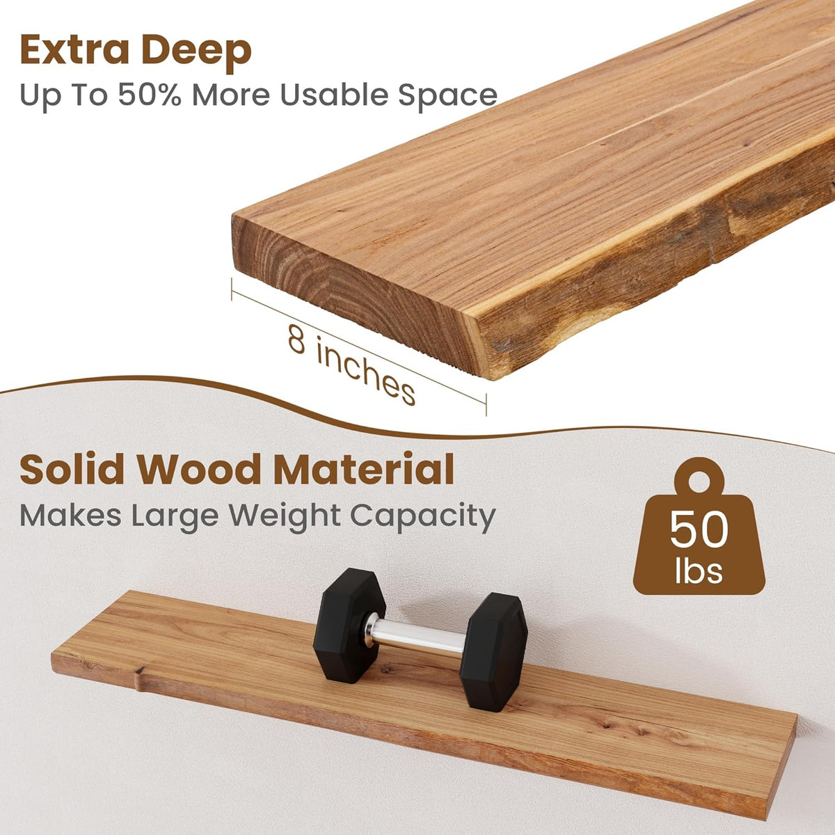 Floating Shelves for Wall Decor, Rustic Solid Elm Wood Live Edge Floating Shelves Wall Mounted