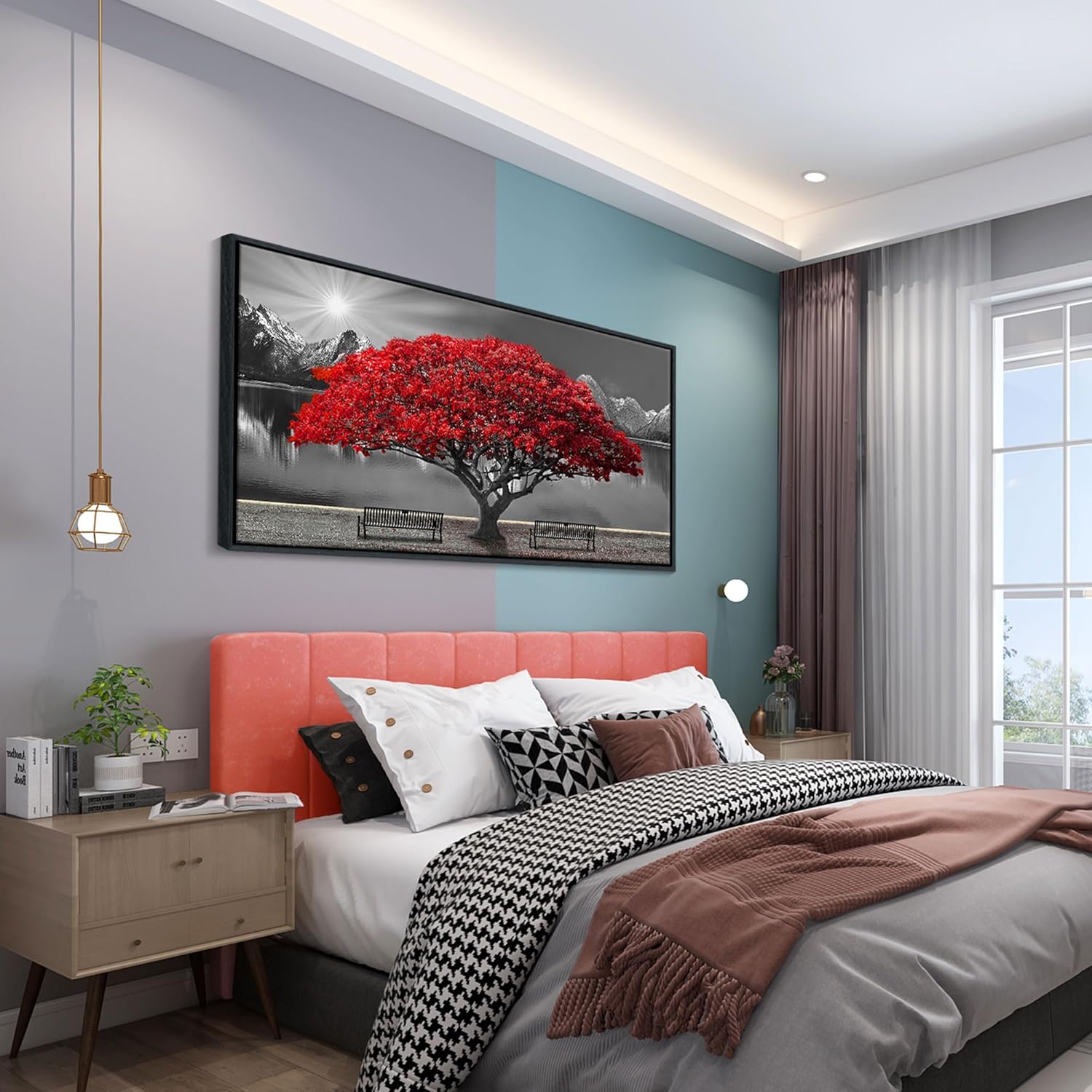 Framed Black and White Red Tree Wall Art Canvas Print Picture Large Red Tree Landscape Modern
