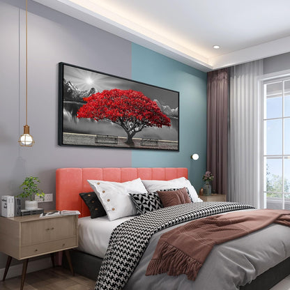 Framed Black and White Red Tree Wall Art Canvas Print Picture Large Red Tree Landscape Modern