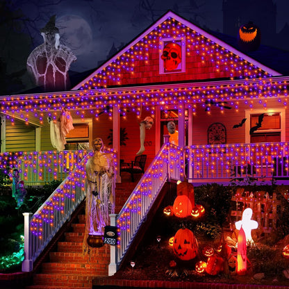KNONEW 33FT 400 LED Orange Purple Halloween Lights Outdoor Black Wire String Lights with 75 Drops