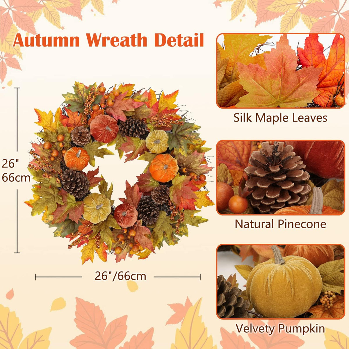 Fall Wreaths for Front Door 26'' Autumn Velvet Pumpkin Wreath with Metal Hook Large Harvest Maple