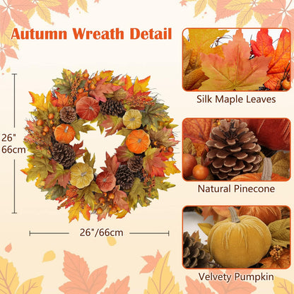 Fall Wreaths for Front Door 26'' Autumn Velvet Pumpkin Wreath with Metal Hook Large Harvest Maple