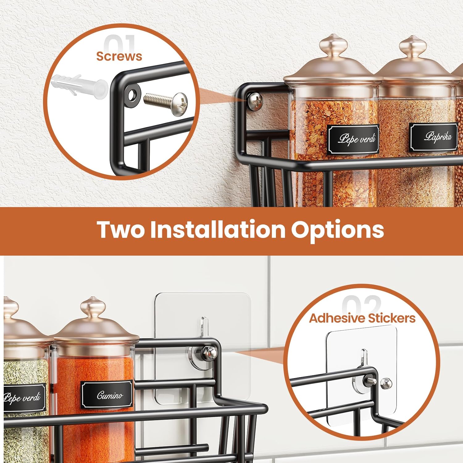 5 Pack Spice Rack Seasoning Organizer Wall Mount, Screw or Adhesive Hanging Shelf Basket Spice