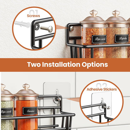 5 Pack Spice Rack Seasoning Organizer Wall Mount, Screw or Adhesive Hanging Shelf Basket Spice
