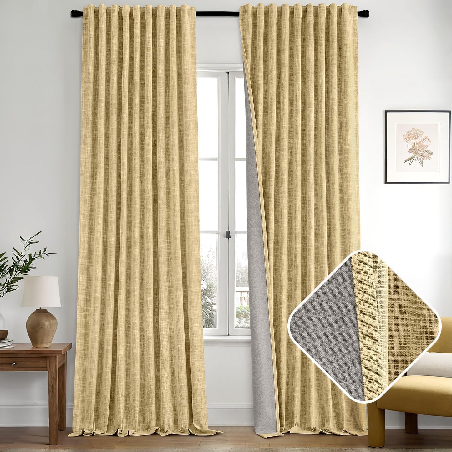 MIULEE Yellow 100% Blackout Linen Curtains 84 Inch 2 Panels Set Double Sided No Coating Pleated