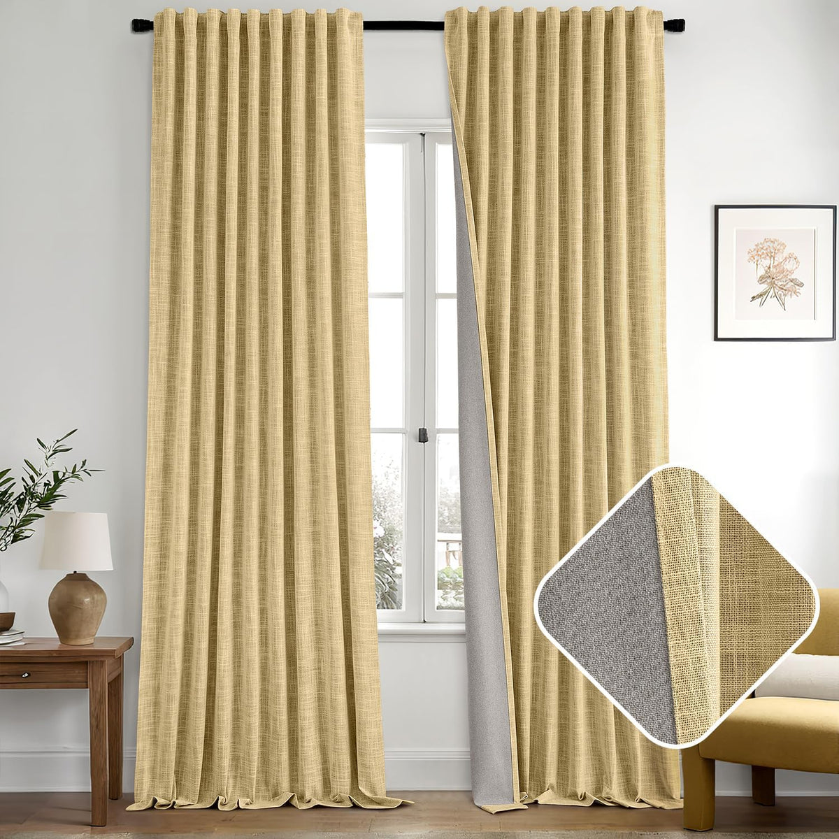 MIULEE Yellow 100% Blackout Linen Curtains 84 Inch 2 Panels Set Double Sided No Coating Pleated